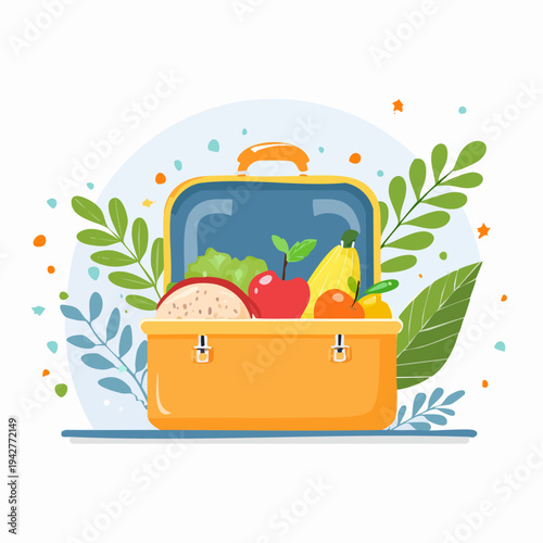Open lunchbox filled with healthy food and fresh fruits