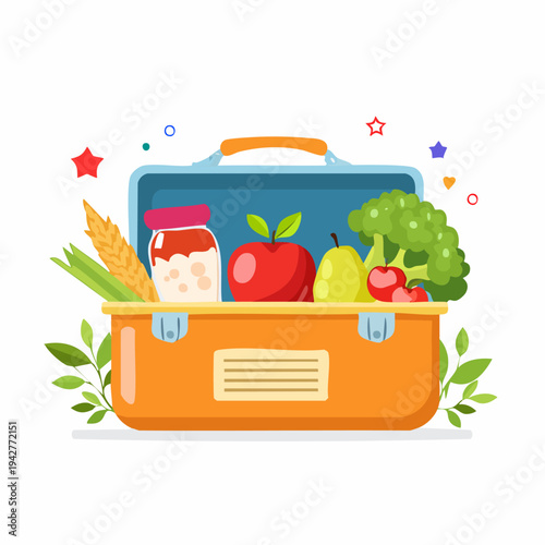 Open lunchbox with healthy fresh fruits and vegetables