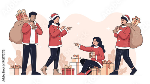 Group of joyful young people wearing Santa outfits and hats while interacting with various gift boxes during a festive holiday party.