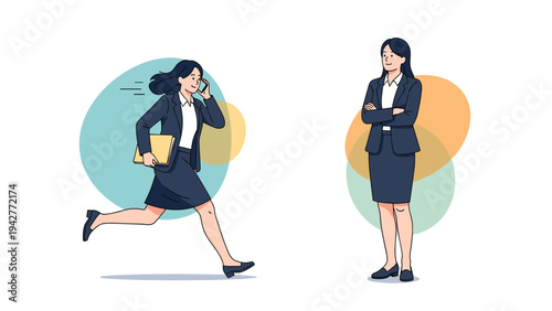Comparison between a busy businesswoman running while talking on her phone and a calm female professional standing with arms crossed.