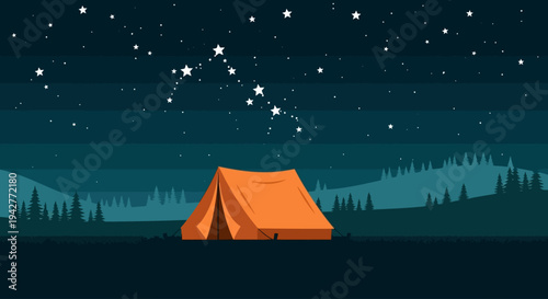 Orange camping tent under starry night sky in forest