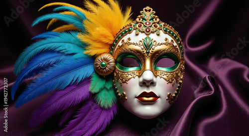 Ornate Masquerade Mask – Gold Filigree with Multicolored Feather Fan for Party Invitations, Carnival Decor, and Festive Graphics