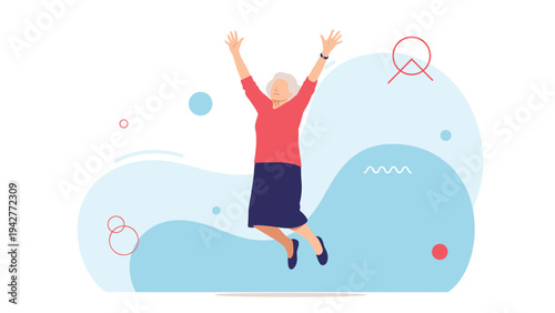 Elderly woman jumping high with joy and her arms raised in the air against a minimalist blue background with abstract shapes and icons.