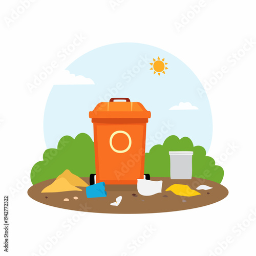 Orange trash can surrounded by litter outdoors on sunny day