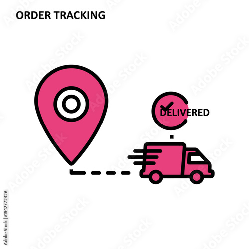 Order tracking concept with delivered package via delivery truck
