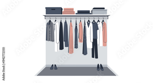 Organized wardrobe closet with clothes, shoes, and storage boxes