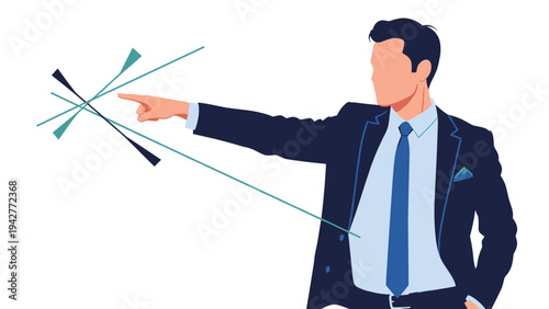 Close up of a confident businessman in a tailored suit pointing towards a specific direction with abstract blue lines indicating focus.