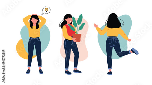 Collage of a young woman in casual clothes shown in three different poses including holding a plant thinking and walking away happily.