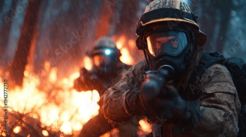 Two brave firefighters are seen battling a roaring wildfire, clad in protective gear while displaying determination, courage, and an unwavering commitment to saving lives and nature.