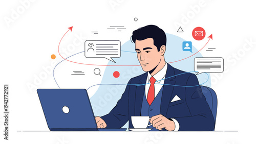 Professional businessman works diligently on his laptop while managing communications and tasks in a modern digital environment.