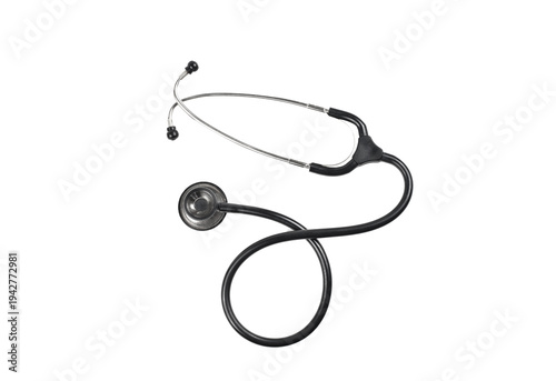 Foto Medical stethoscope with black earpieces and chest piece laid out on a plain sur