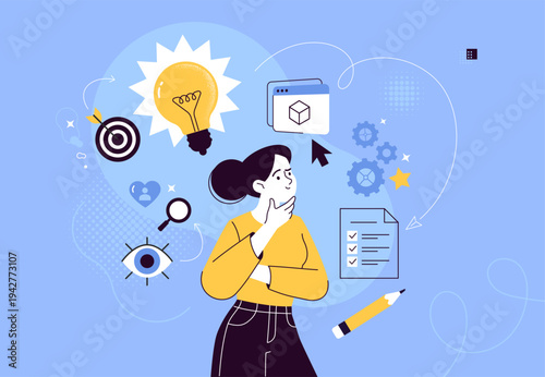 Design Thinking Concept. Woman thinking with creative icons around her. Idea generation, analysis, research, problem solving, planning, innovation and user-centered design process in flat vector style