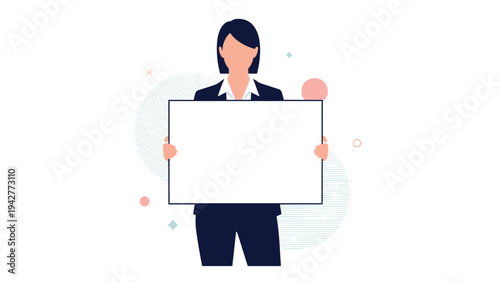 Professional businesswoman holds a large blank white board for custom text or advertisement against an abstract background.