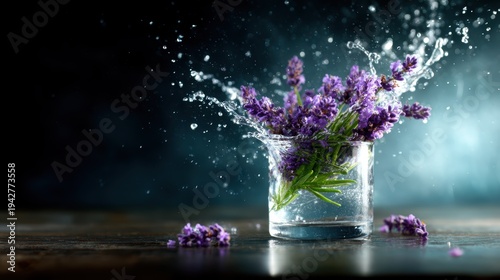 A glass beaker filled with water highlights lavender flowers momentarily splashing, capturing the freshness and beauty of nature in an artistic, dynamic display.