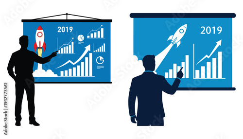 Data Scientist Silhouette Presenting Rocket Growth Chart 2019