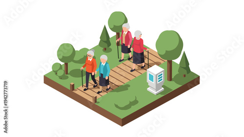 Elderly walking in isometric park scene with trees and pathway