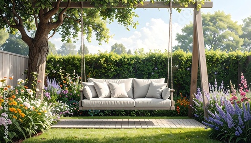 A serene outdoor scene features a wooden swing set with plush cushions, surrounded by lush greenery, flowers, and a clear blue sky