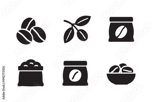Coffee bean and packaging vector icon set, collection of coffee production and roasting symbols