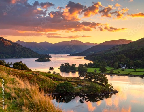 A scenic panoramic vista captures a tranquil lake bordered by lush green hills, with a stunning sunset illuminating the sky