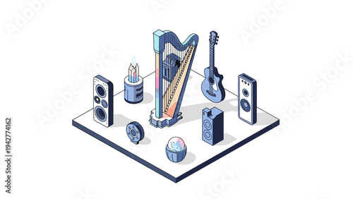 Isometric music instruments set with harp, guitar, and speakers