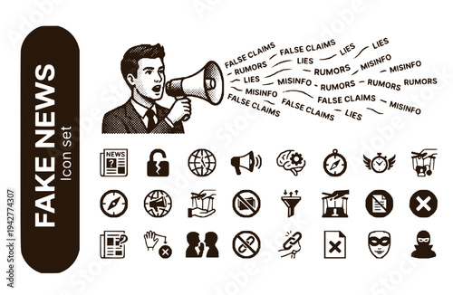 Fake News Icon Set Disinformation Propaganda Misinformation Media Manipulation Spreading Rumors False Information Deception Vector Illustration