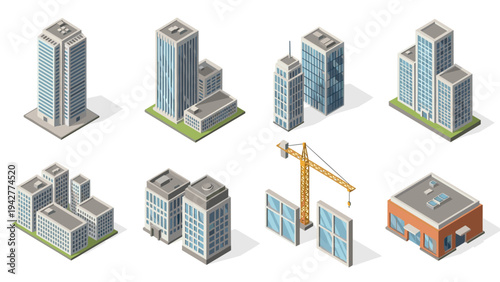 Isometric cityscape: modern urban buildings and construction crane