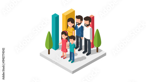 Isometric family viewing graph with colorful bars and trees on platform
