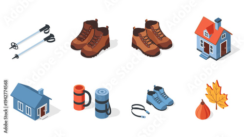 Isometric hiking essentials: boots, poles, gear, and autumn leaves