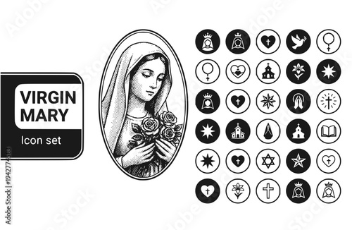 Virgin Mary Icon Set Mother Jesus Holy Mother Madonna Roses Religious Catholic Faith Blessed Virgin Sacred Portrait Vector Illustration