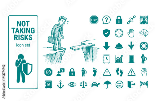 Not Taking Risks Icon Set Fear Failure Risk Aversion Hesitation Worried Businessman Uncertainty Caution Playing Safe Vector Illustration