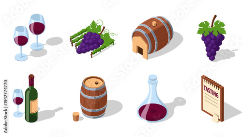 Isometric wine elements: grapes, barrel, glass, and bottle set