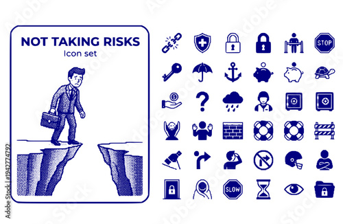 Not Taking Risks Icon Set Fear Failure Risk Aversion Hesitation Worried Businessman Uncertainty Caution Playing Safe Vector Illustration