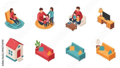 Cozy family scenes in isometric style: home living and family time