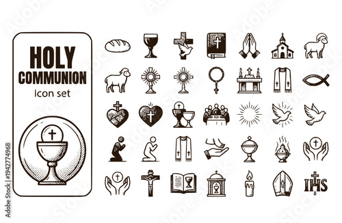 Holy Communion Icon Set Eucharist Christian Faith Sacrament Religious Ceremony Body Christ Spiritual Catholic Tradition Vector Illustration