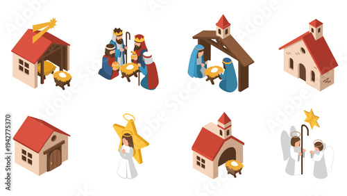 Isometric christmas nativity scene with figures and buildings in festive design