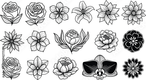 Black and white floral with various flower types and flowers roses