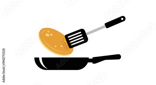 Pancake flipping with spatula in a frying pan illustration