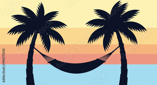 Palm trees and hammock silhouette with colorful striped sunset background