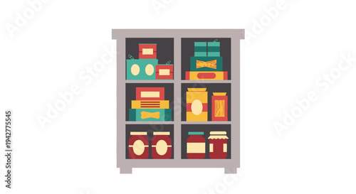 Pantry shelf filled with various canned and packaged food items