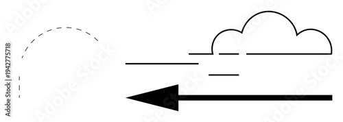 Wind concept. Minimalist design a cloud, dashed line, and directional arrow wind flow and movement. Wind conveys energy, weather, speed, nature, motion for environmental
