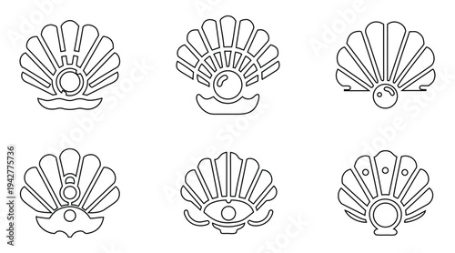 Seashell with pearl line icon vector set, seashell symbol outline icon illustration