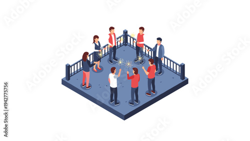 Isometric new year celebration with friends holding sparklers outdoors