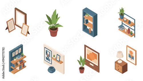 Modern isometric home decor collection with shelves, plants, and frames for interior design inspiration