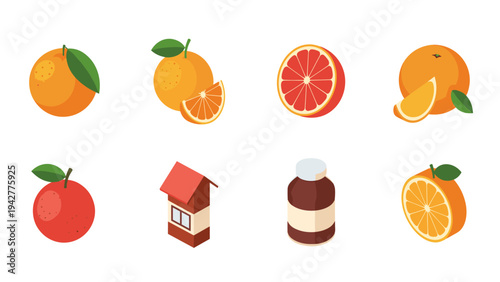 Colorful citrus fruits and products collection in isometric style