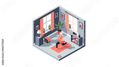 Isometric room with yoga practice and cozy modern interior design
