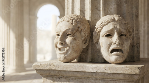 Ancient stone theater masks expressing drama and tragedy on marble shelf with soft natural lighting