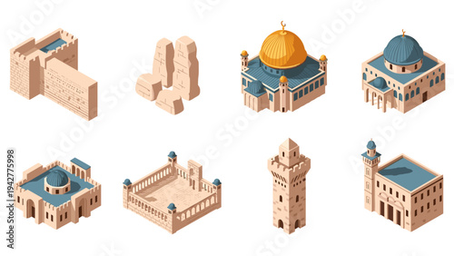 Isometric historical architecture of jerusalem landmarks with iconic buildings
