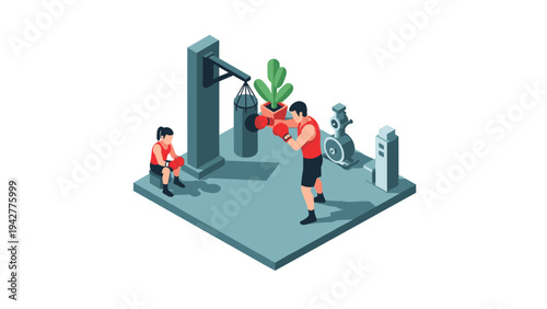 Isometric gym exercise scene with boxing and fitness equipment animation style