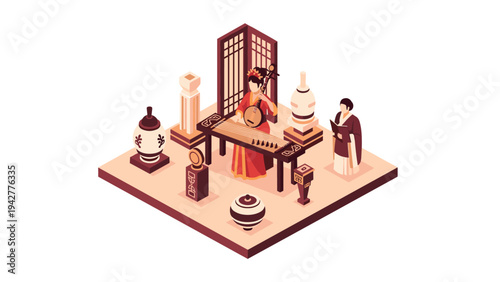Isometric japanese tea ceremony scene with traditional instruments and decor
