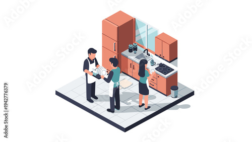 Isometric kitchen scene with people cooking and organizing utensils